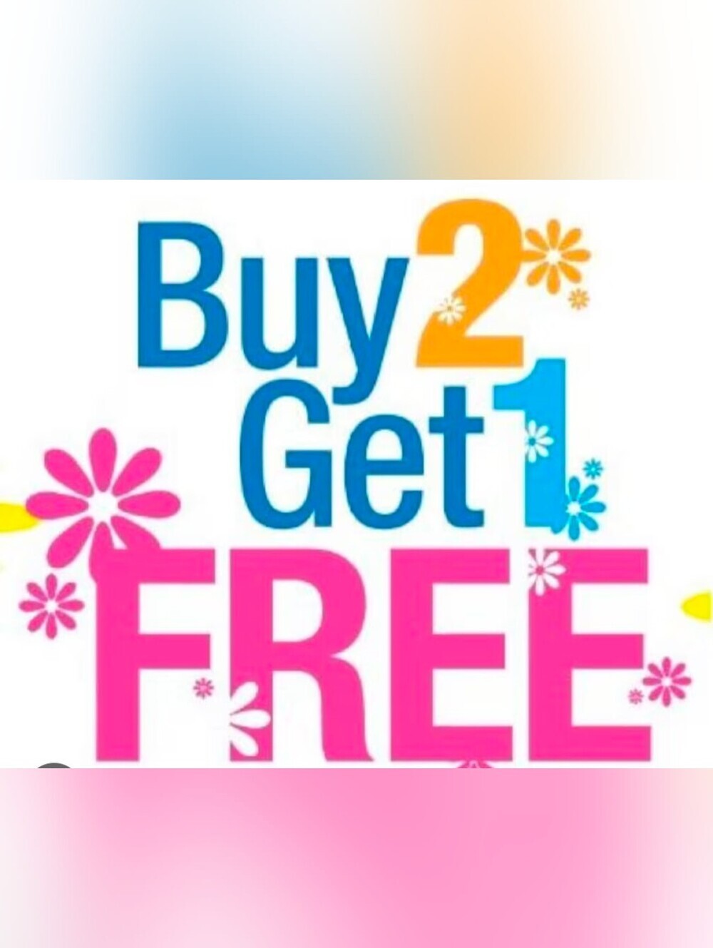 Bright Promotional 'Buy 2 Get 1 Free' Graphic - Blue, Pink, Orange